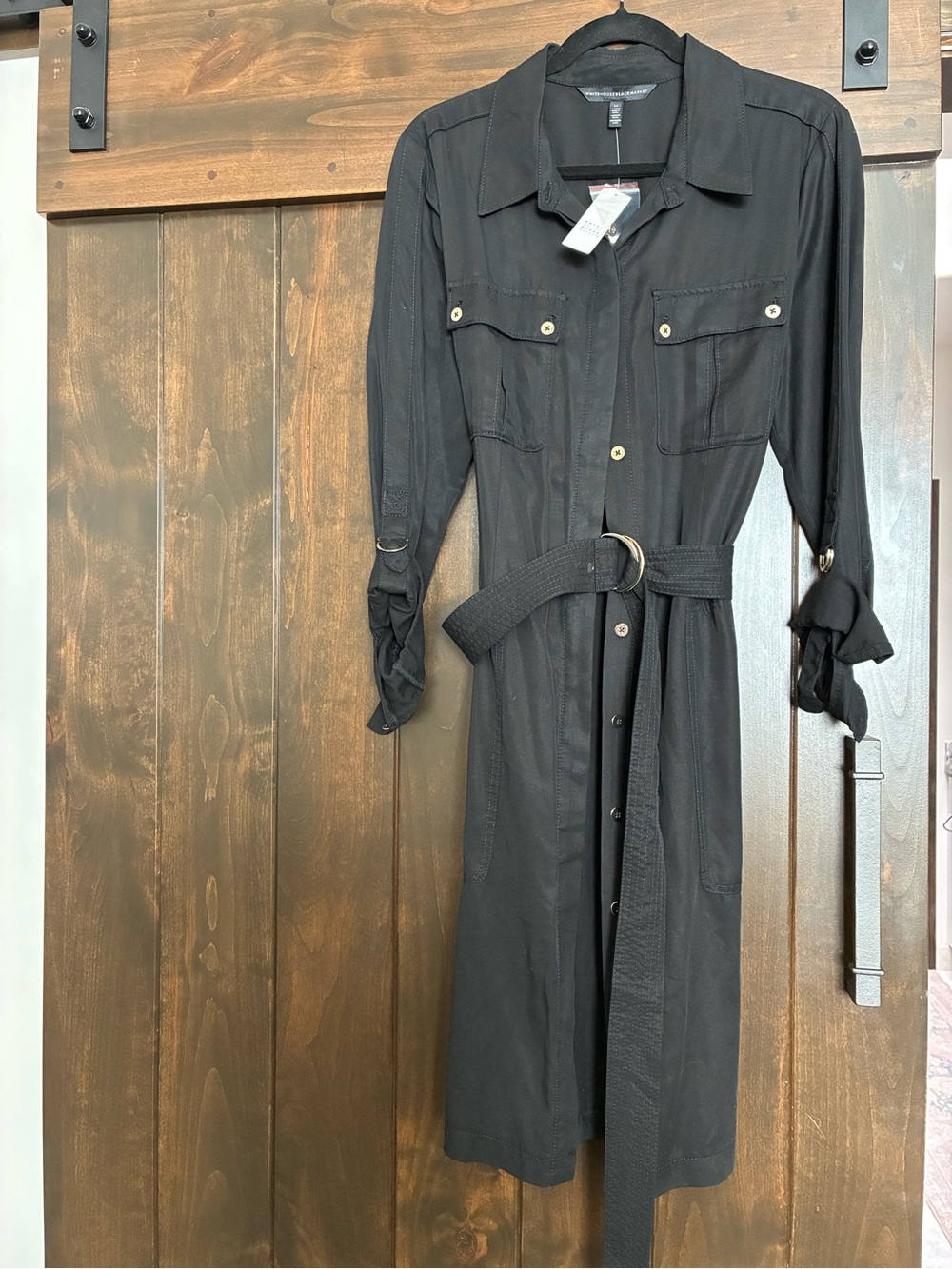 White House Black Market Black Long-Sleeve Shirt Dress with Belt